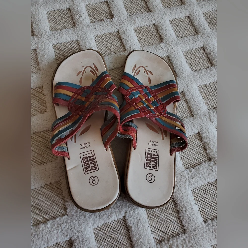 Rare Vintage 90's Y2K Faded Glory Multi Color Leather Sandals Size 9 Boho Chic